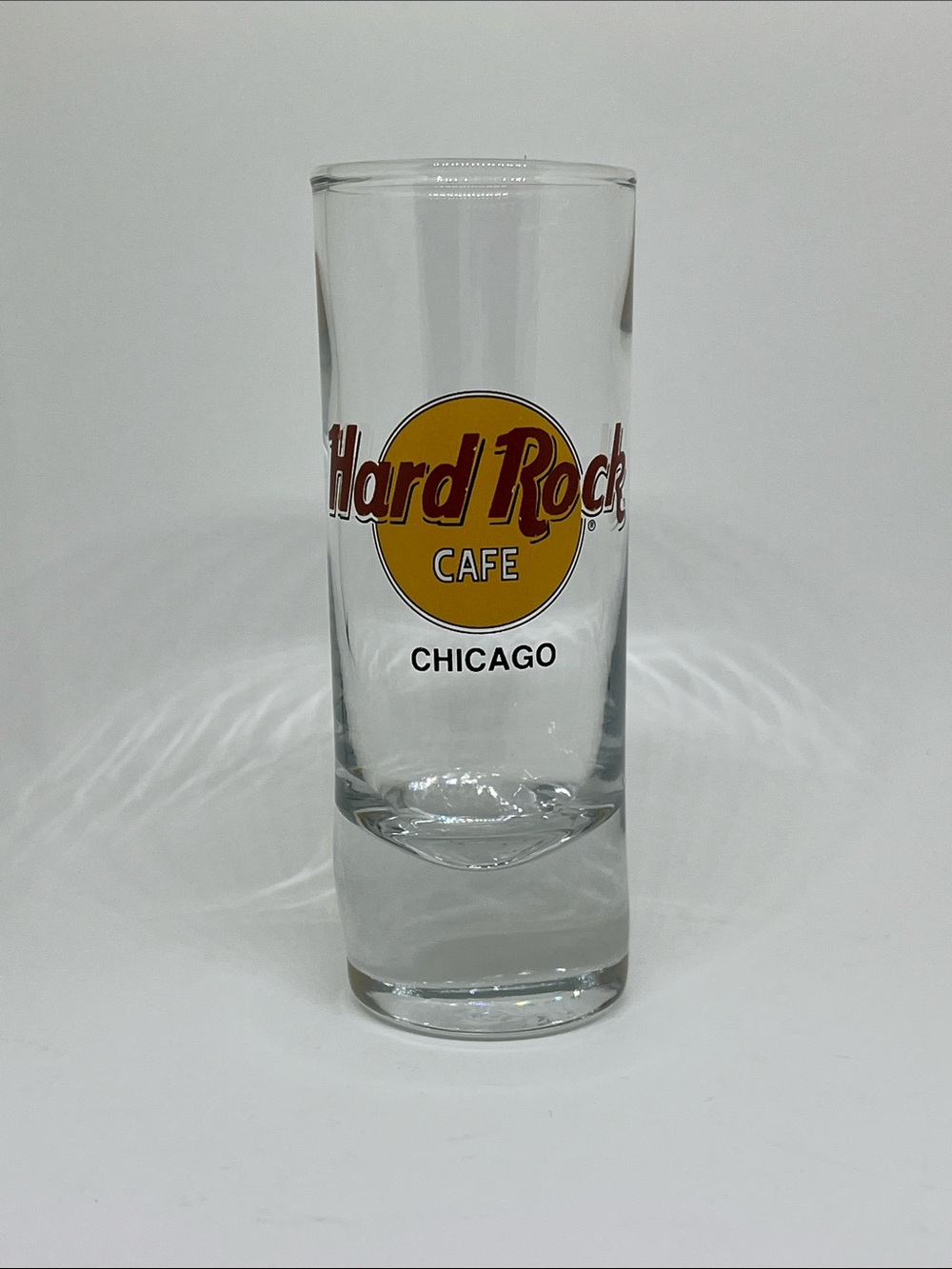 Hard Rock Cafe Chicago Clear Shot Glass with Yellow and Red Logo